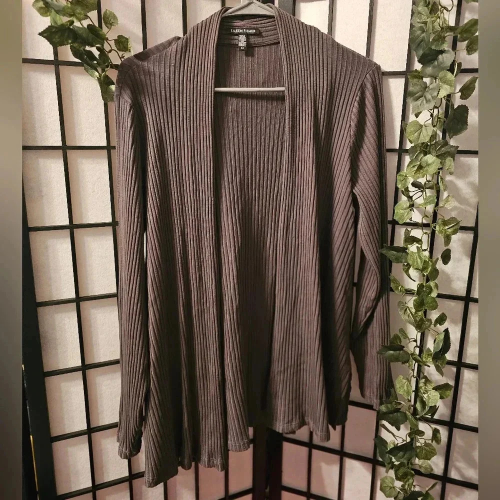 Eileen Fisher Grey Ribbed Tencel Knit Open Cardigan Textured Open-Front Jacket